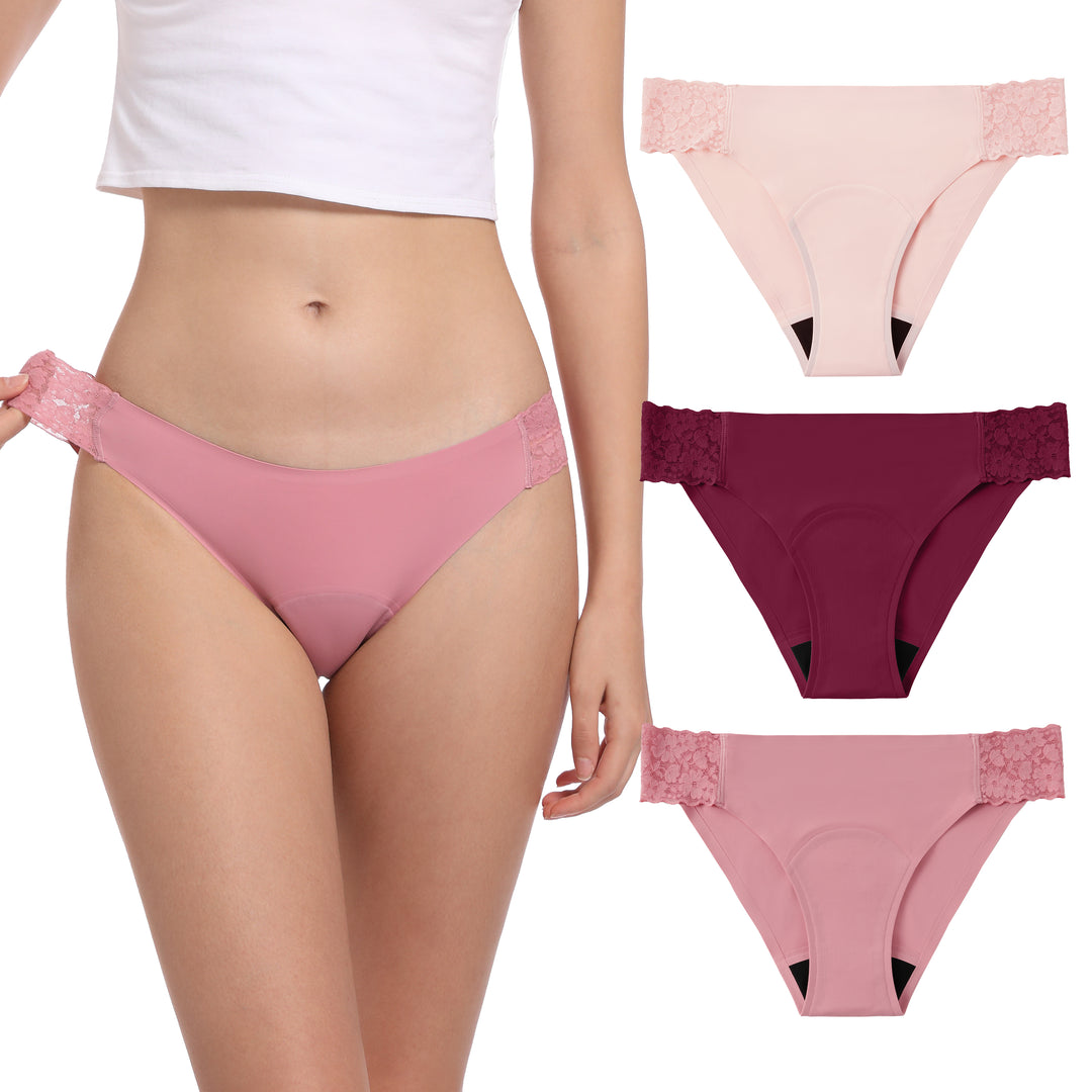 Women’s Period Underwear Lace Seamless Leak Proof Hipster Bikini Menstrual Panties (3 Pack)