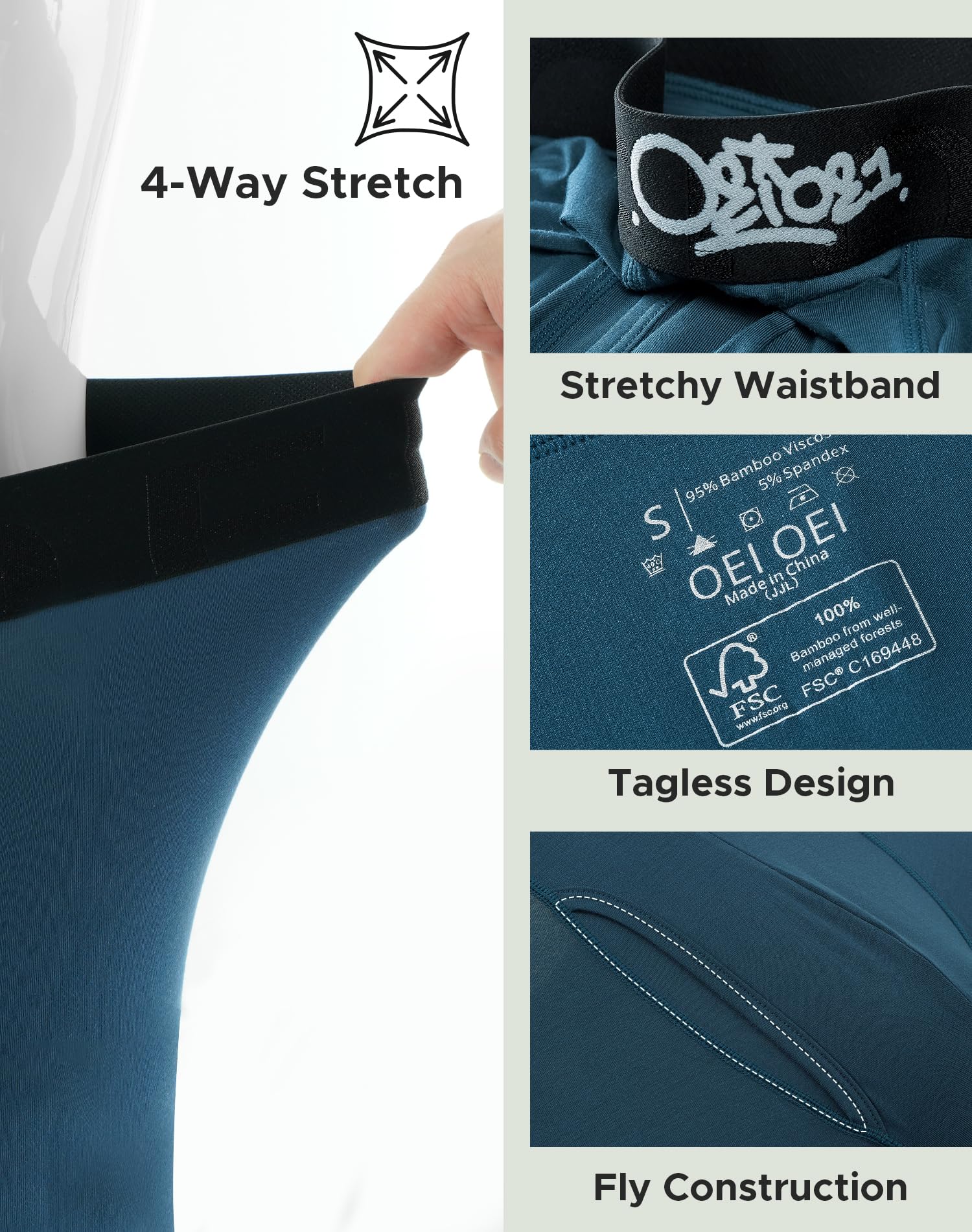 Men's 8-Inch Long Bamboo Rayon Boxer Briefs with Fly (3 Pack)